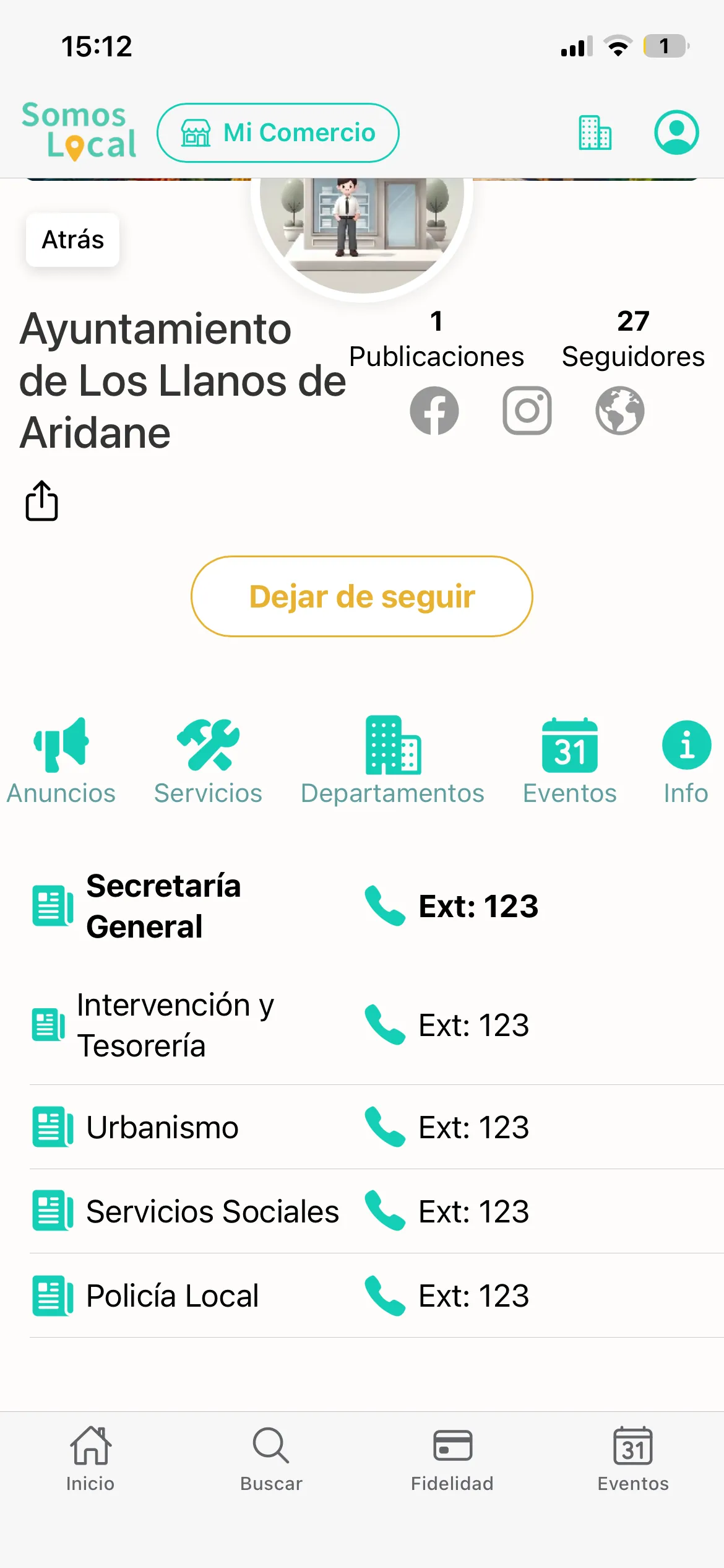 Pantalla de ejemplo de agenda municipal digital en Somos Local