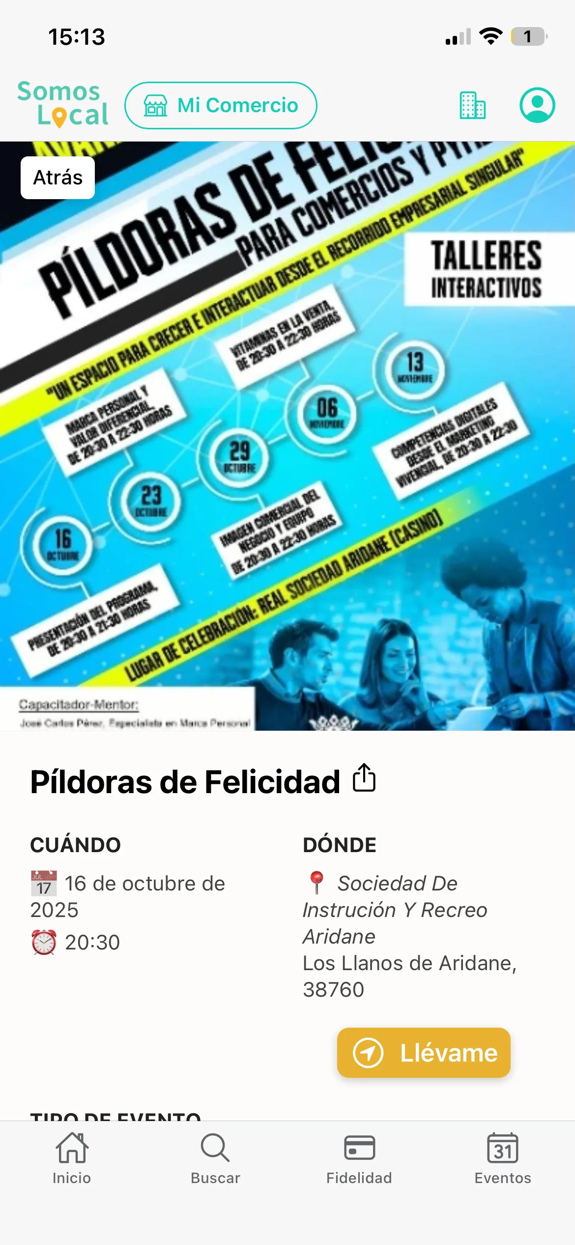 Pantalla de ejemplo de comercio local y municipio conectado