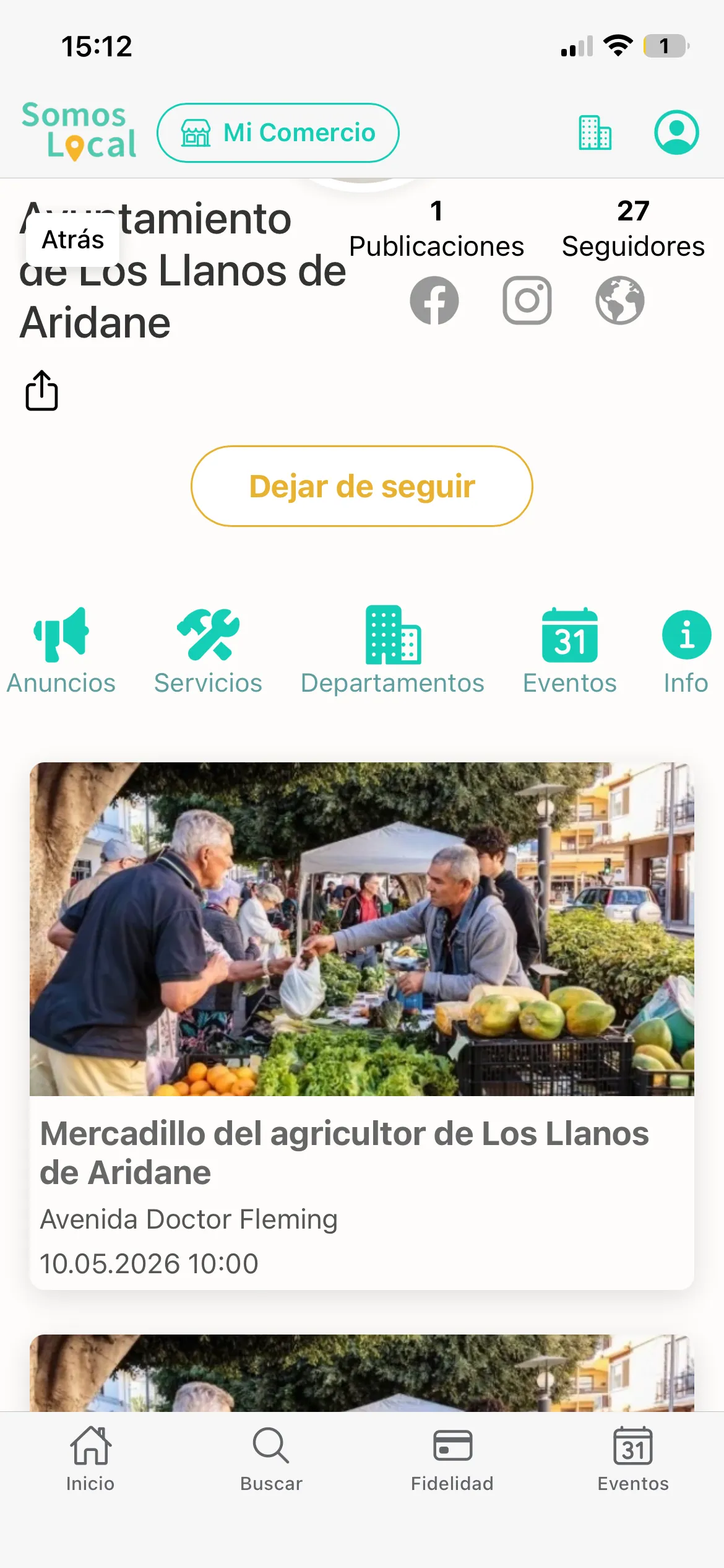 Pantalla de ejemplo de agenda municipal y eventos locales