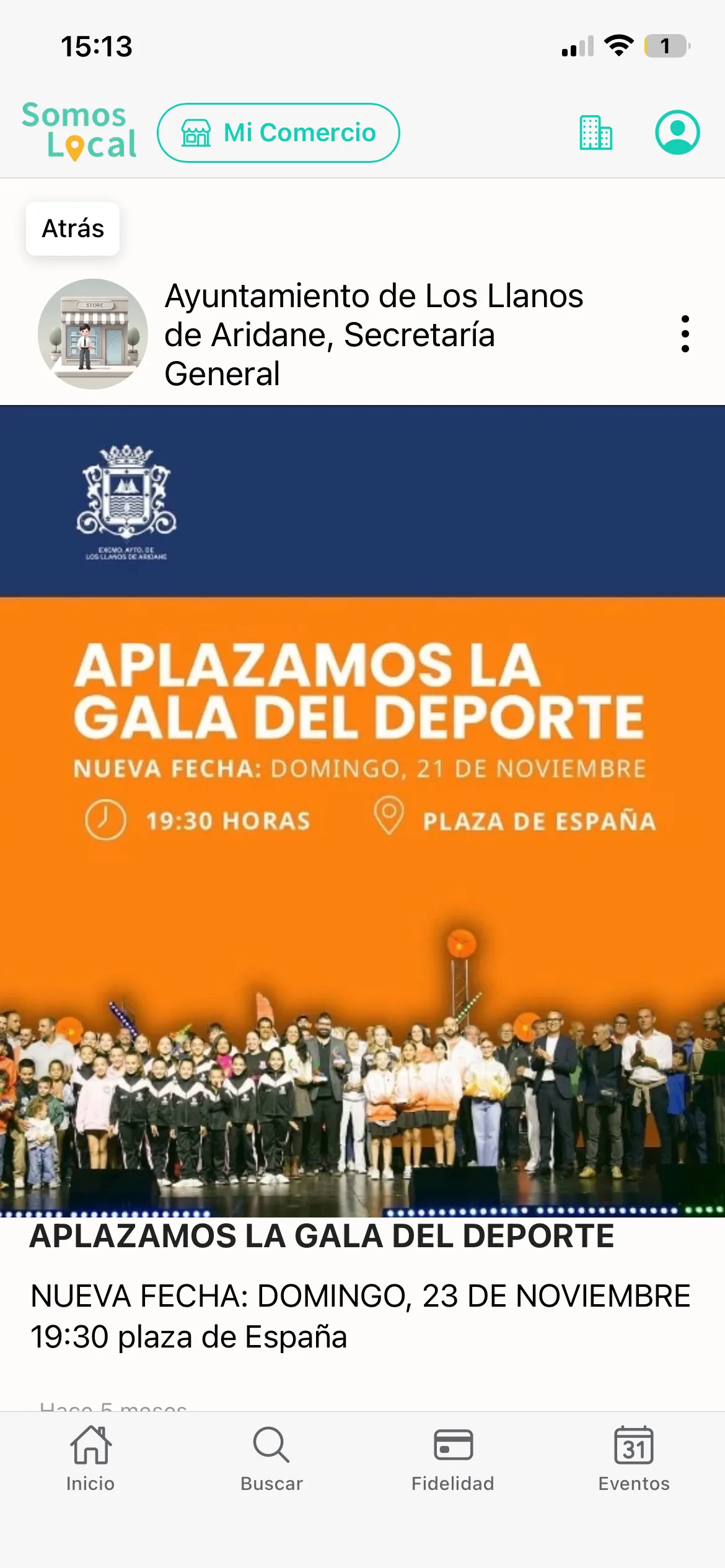 Pantalla de ejemplo de comunicación municipal en Somos Local