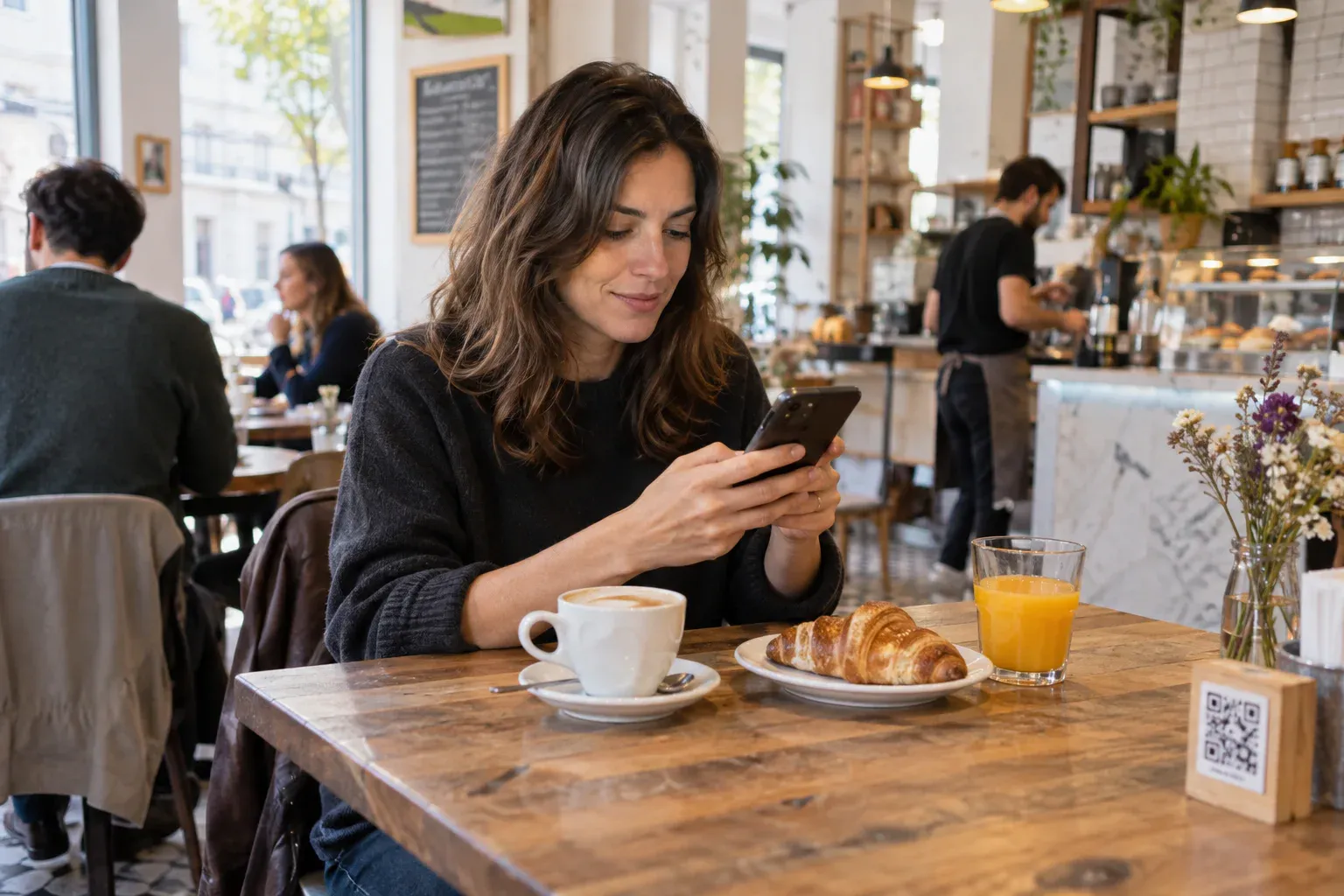Cliente viendo la carta digital de una cafetería desde el móvil