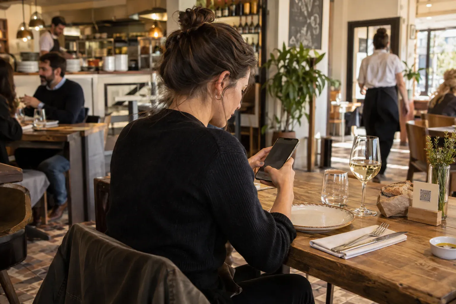 Cliente consultando una carta digital QR en un restaurante