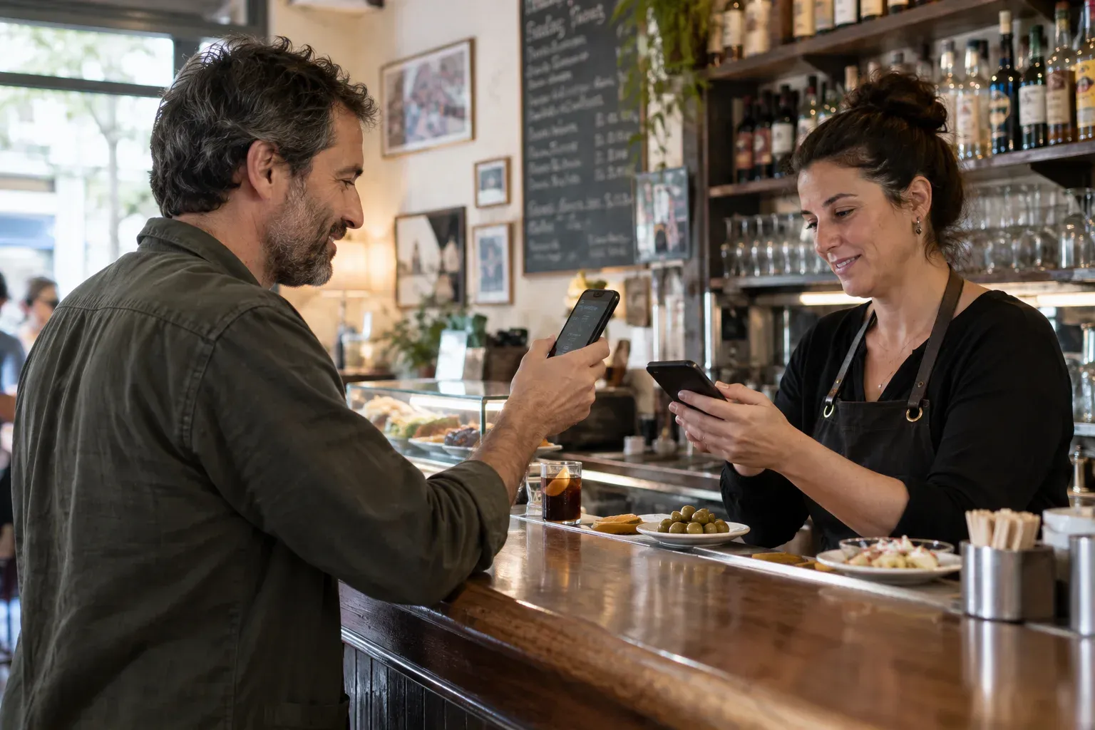 Cliente utilizando una recompensa digital de fidelidad en un bar