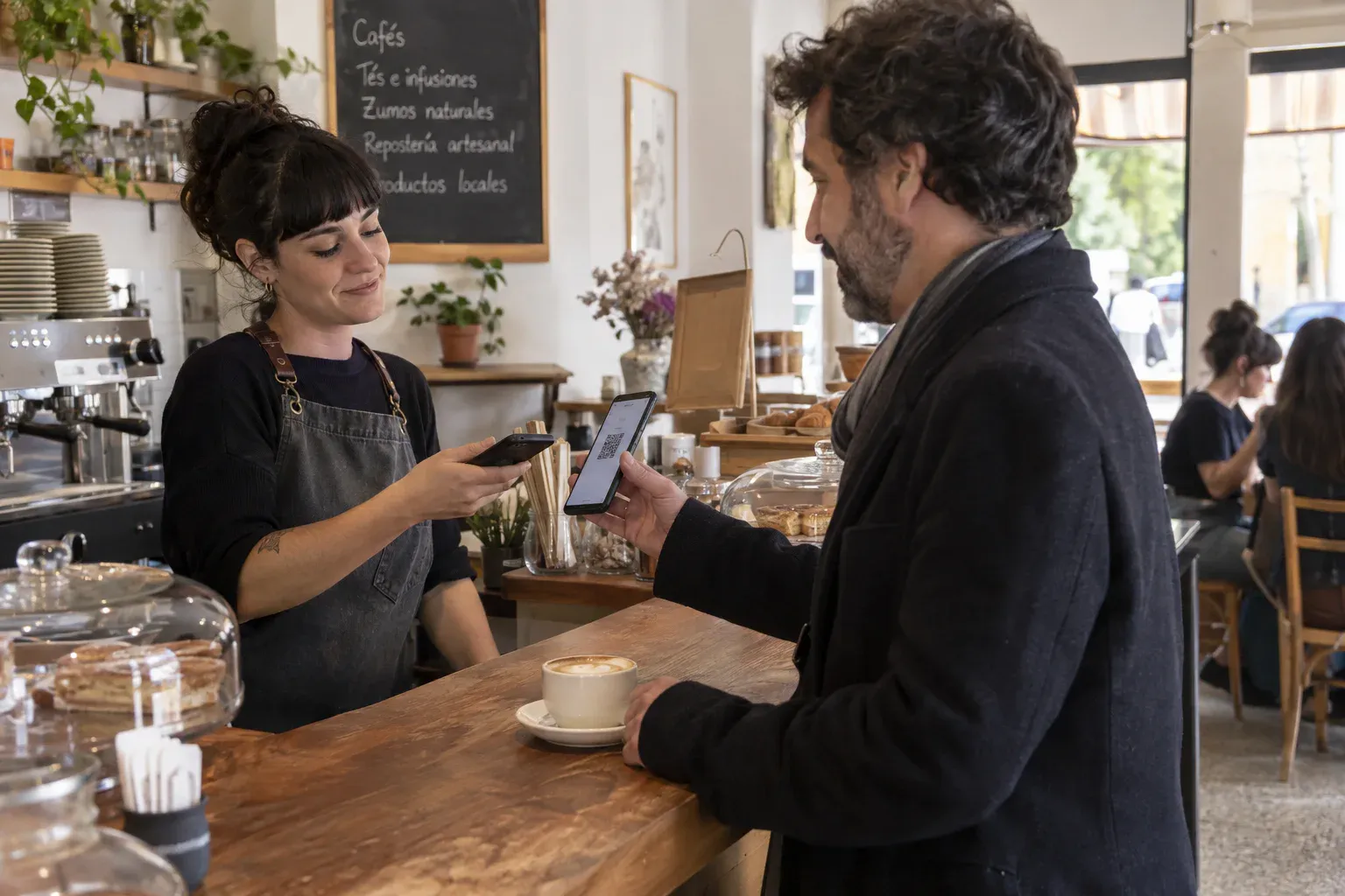Cliente utilizando una tarjeta digital de sellos en una cafetería