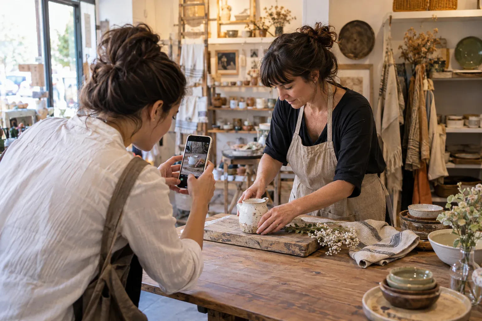 Comerciante y colaboradora preparando una fotografía de producto dentro del negocio