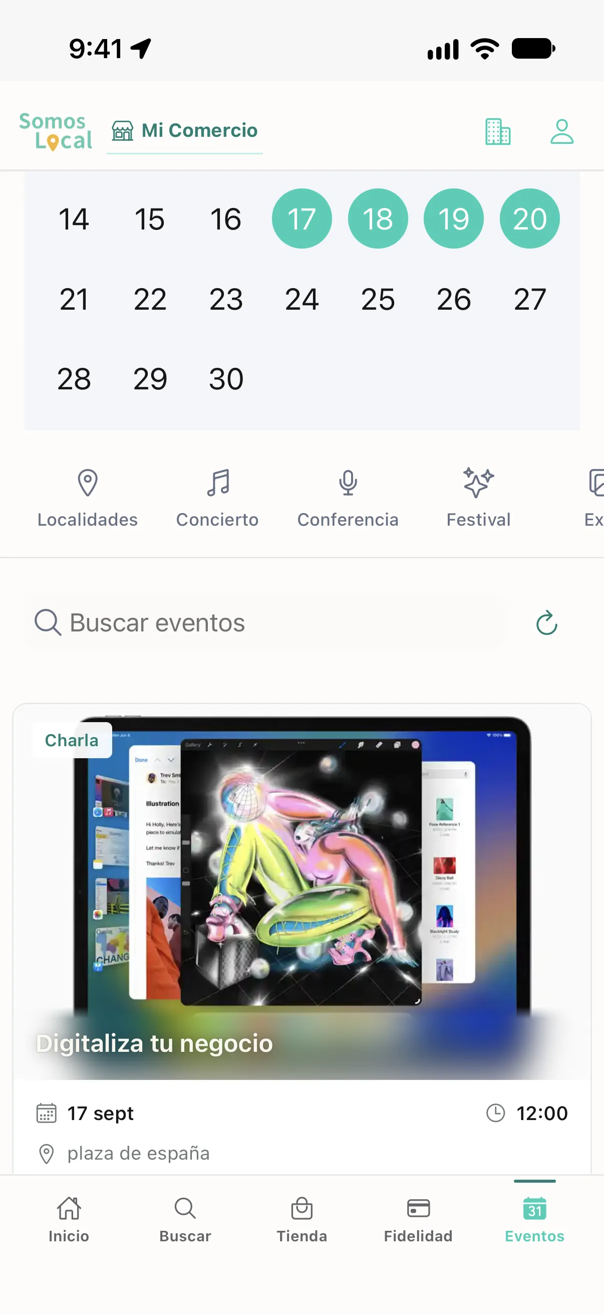 Agenda de eventos de Somos Local con calendario, filtros y un evento destacado