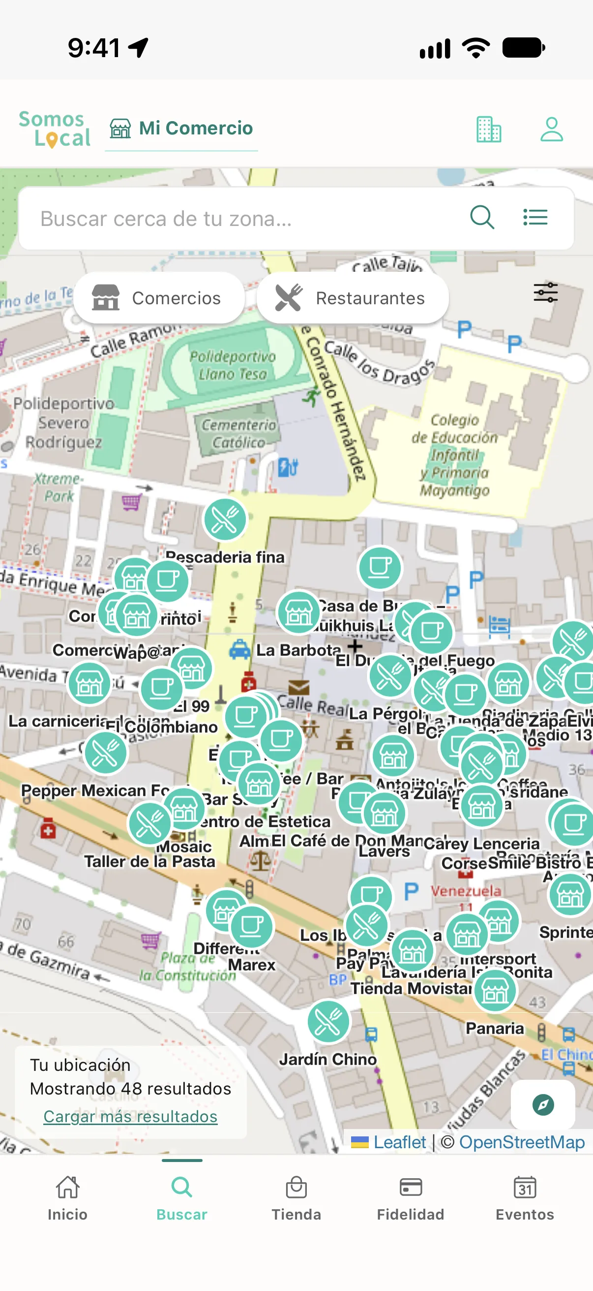 Mapa de Somos Local con comercios, restaurantes y cafeterías cercanos