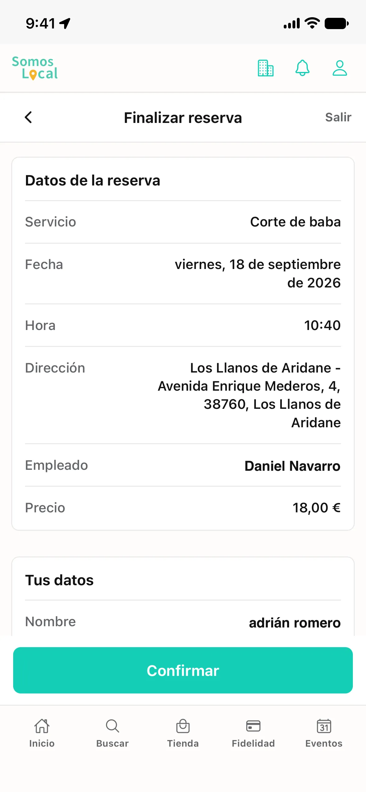Confirmación de una reserva de corte de barba para el 18 de septiembre a las 10:40