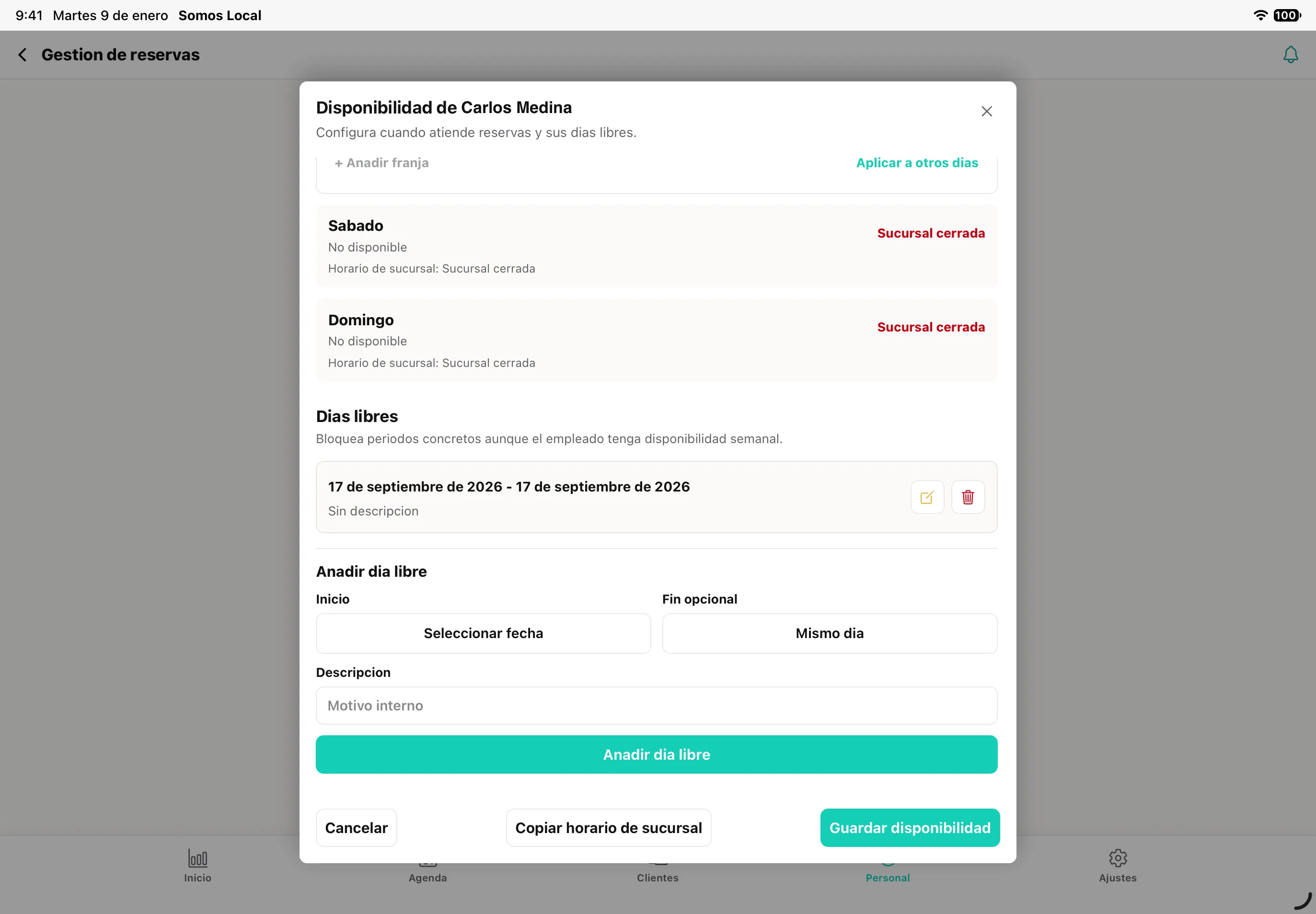 Configuración de disponibilidad y días libres de un profesional desde la gestión del comercio