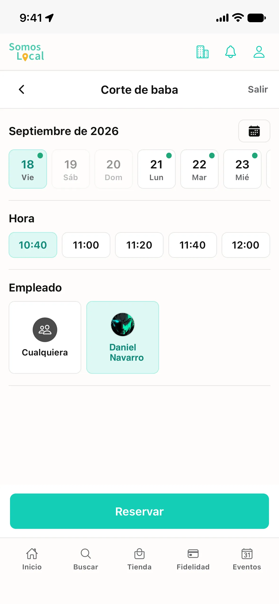 Selección de fecha, hora y profesional para un corte de barba