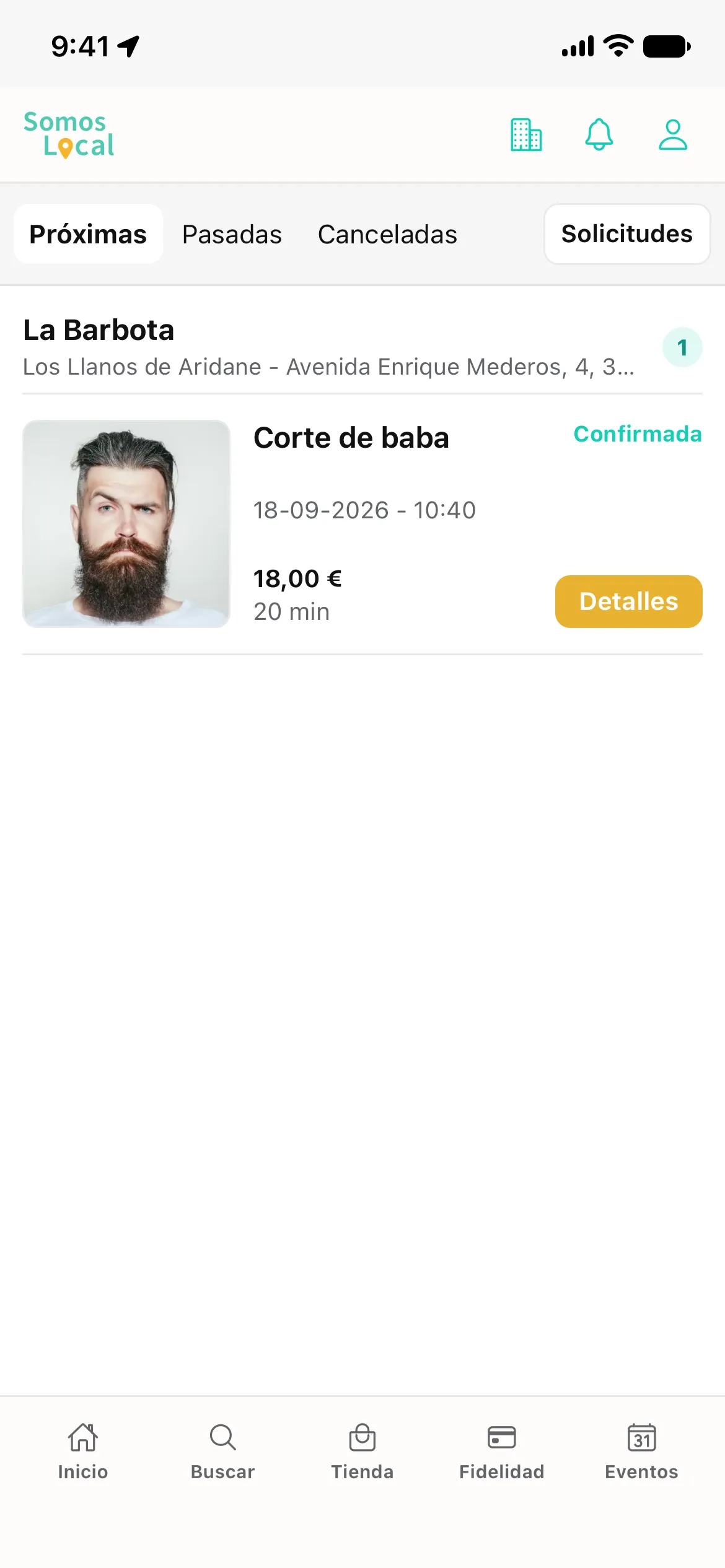 Próxima cita confirmada que ve el cliente en Somos Local