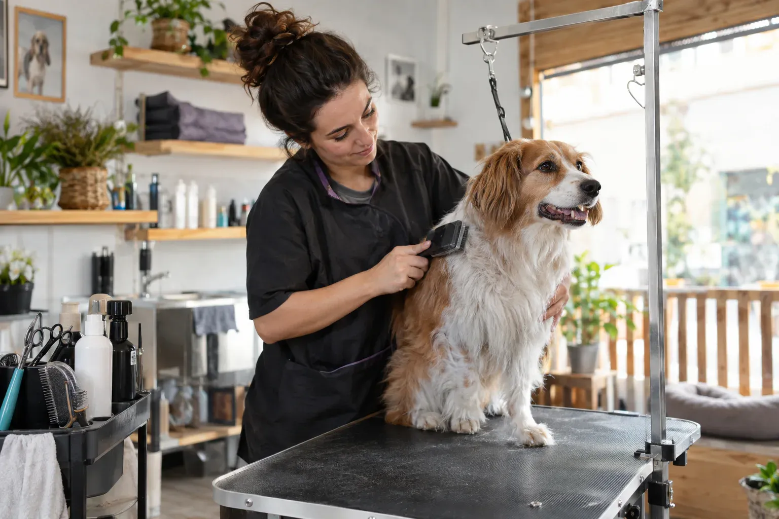 Profesional atendiendo a un perro en una cita de peluquería canina