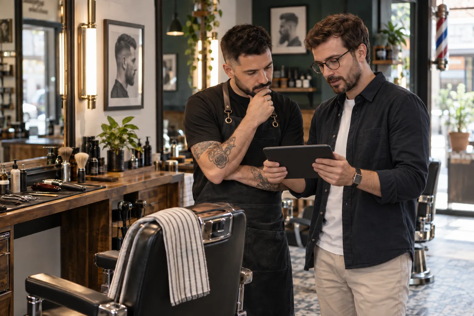 Barbero revisando la configuración de sus reservas con un especialista de Somos Local