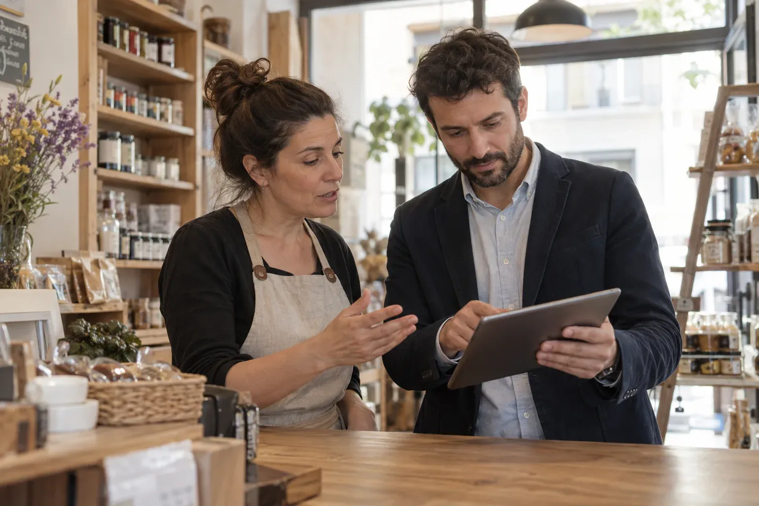 Responsable de un comercio explicando su negocio durante una sesión de acompañamiento digital