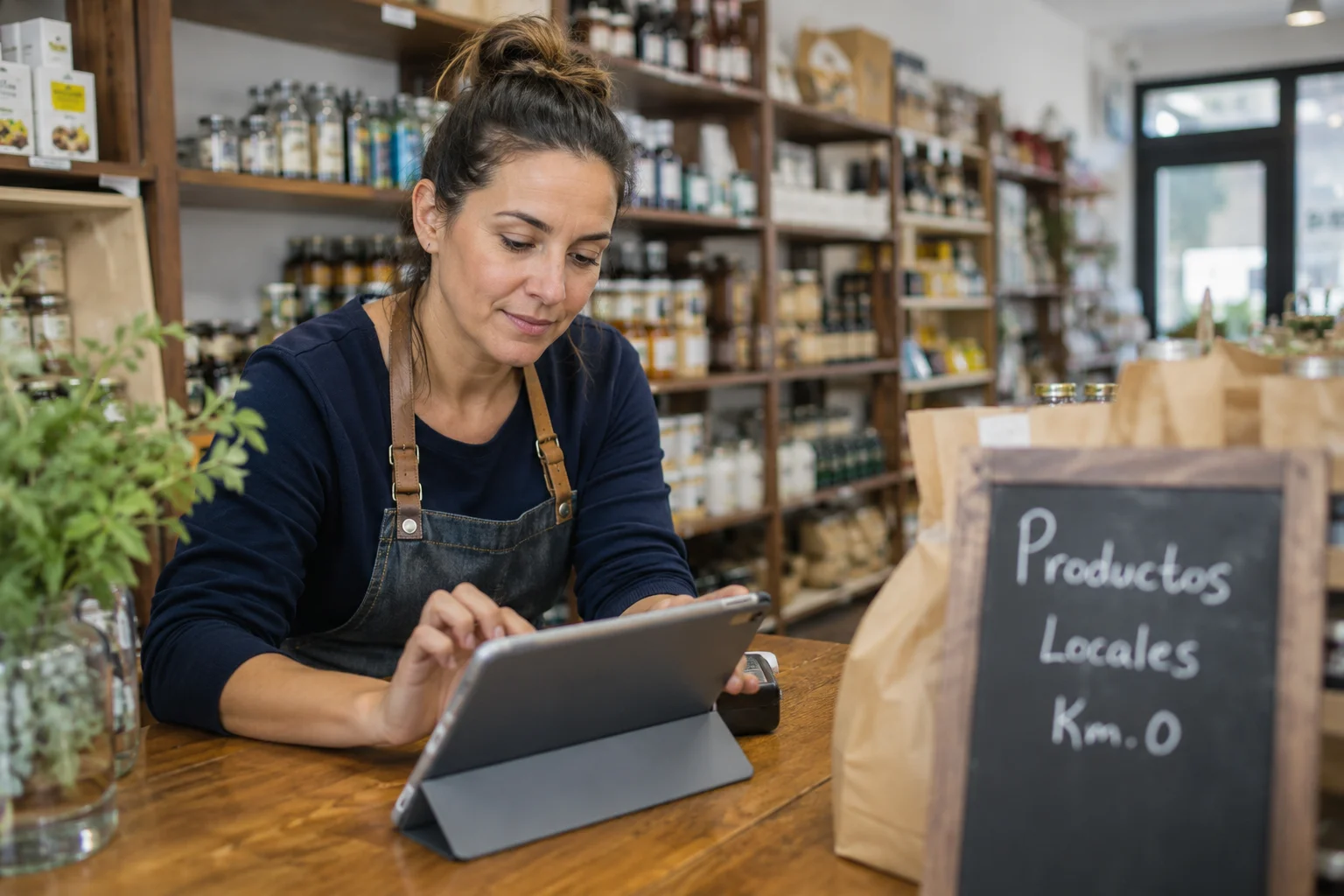 Comerciante gestionando la presencia digital de su negocio local desde una tablet